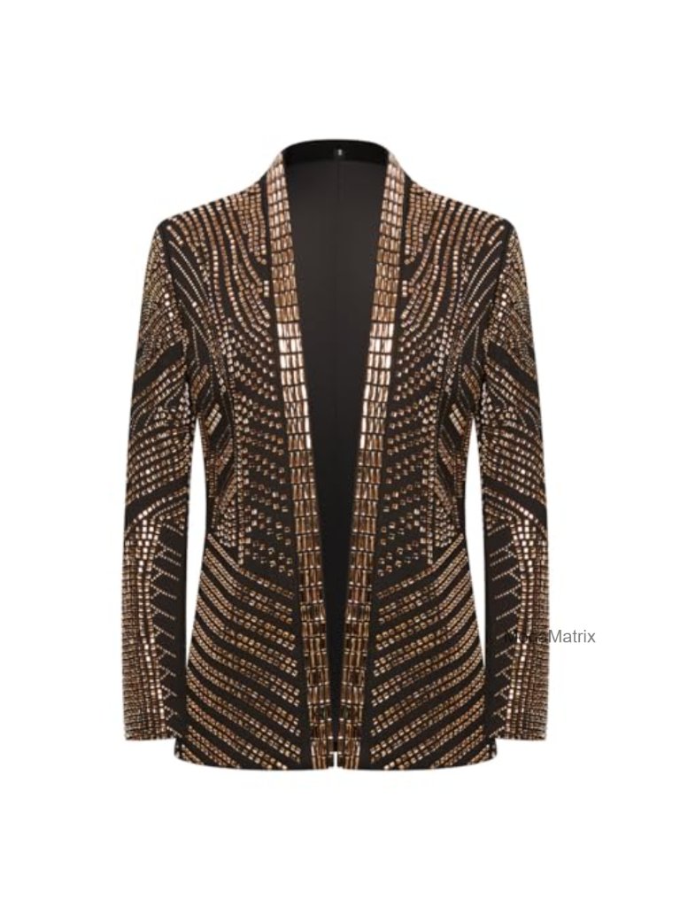 Men's Black And Gold Sequined Fitted Suit Jacket Party Performance Jacket